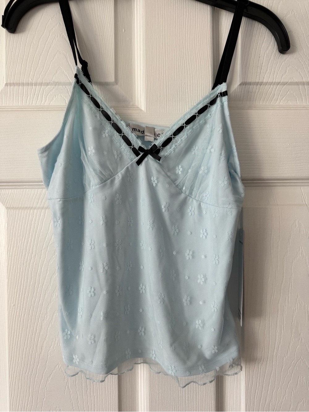 Madden Girl Light Blue Lace-Trim Cami with Black Ribbon